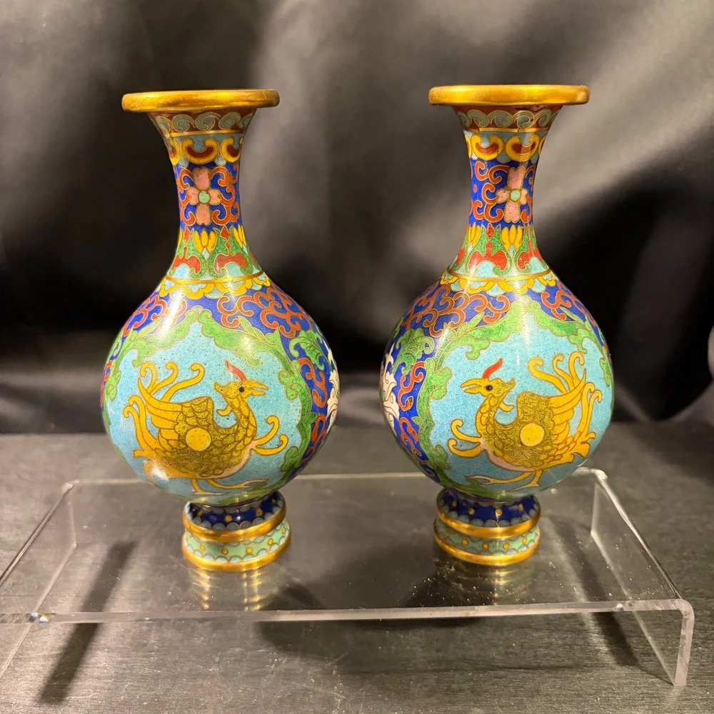 Vintage Chinese Cloisonne Enamel Phoenix Miniature Bud Vases Pair Turquoise 4in